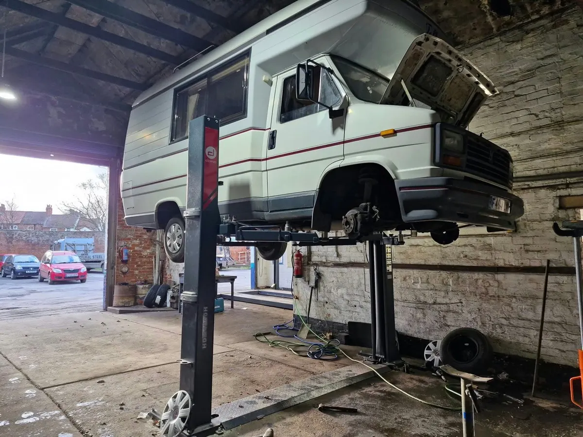 A classic motorhome up on the lift in our Barton upon Humber workshop.