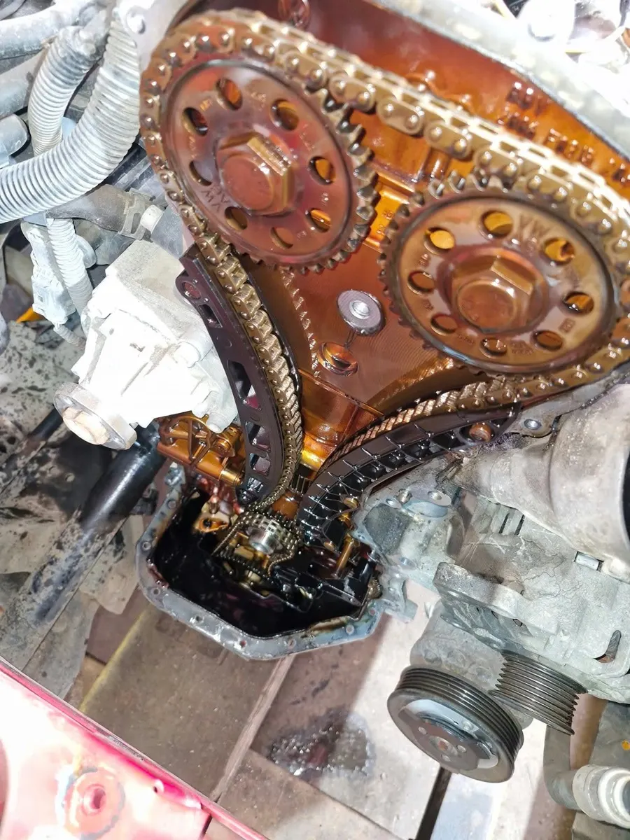 An engine opened up for a timing chain replacement.